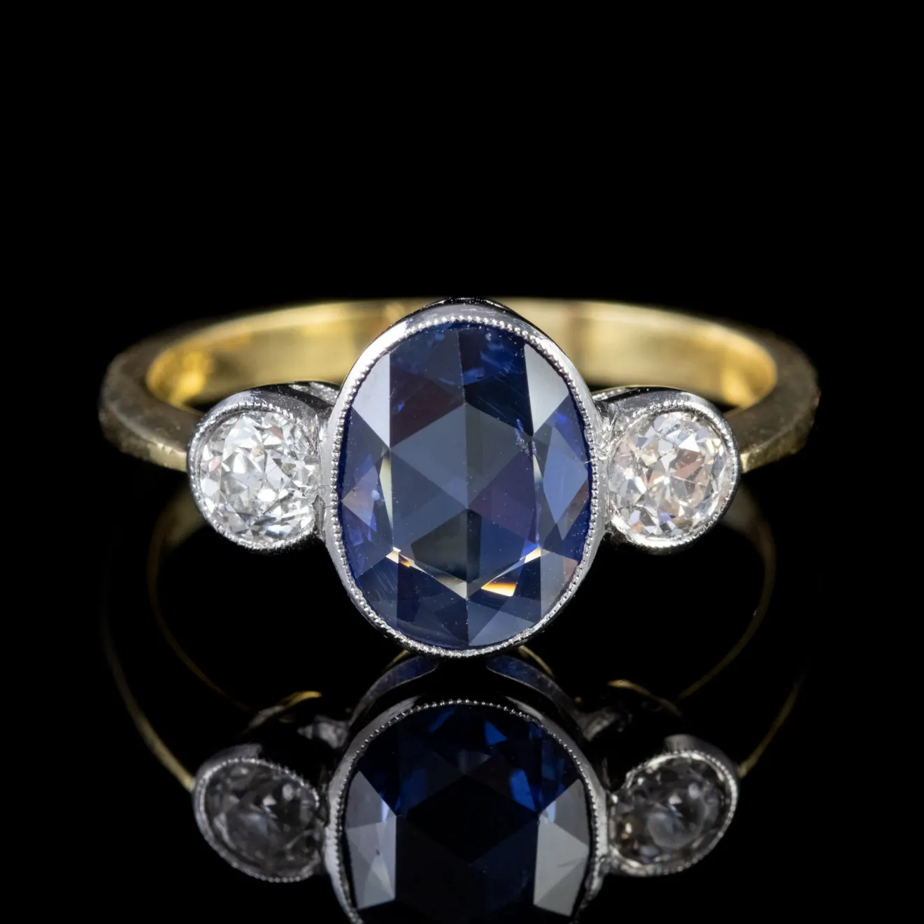Sapphire Diamond Trilogy Ring 18Ct Gold 2.25Ct Rose Cut Sapphire