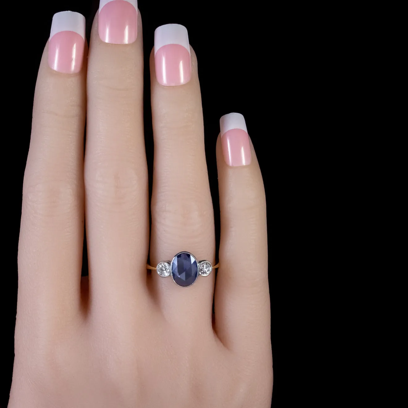 Sapphire Diamond Trilogy Ring 18Ct Gold 2.25Ct Rose Cut Sapphire