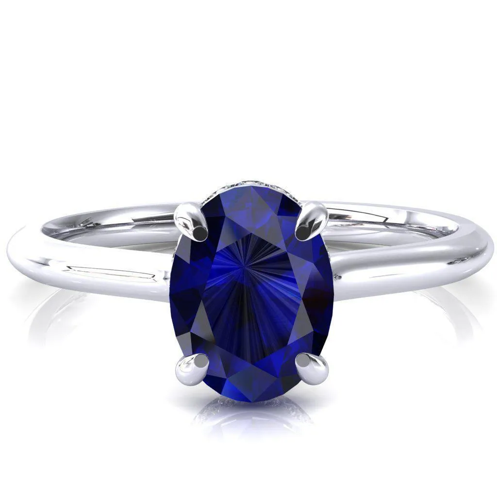 Secret Oval Blue Sapphire 4 Prong Floating Halo Engagement Ring