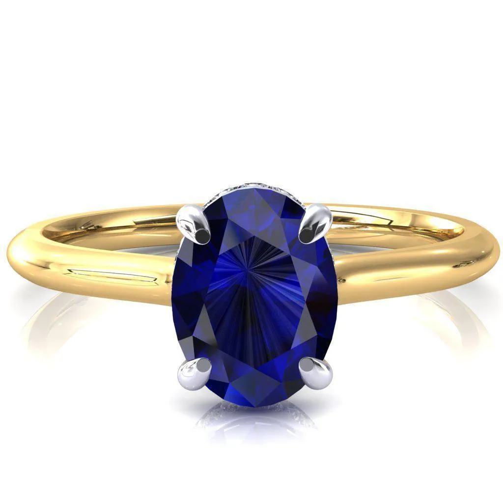 Secret Oval Blue Sapphire 4 Prong Floating Halo Engagement Ring