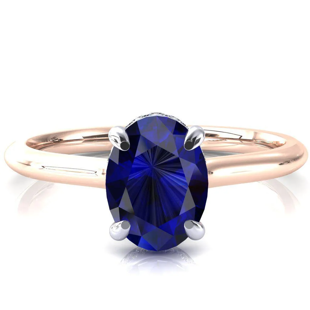 Secret Oval Blue Sapphire 4 Prong Floating Halo Engagement Ring