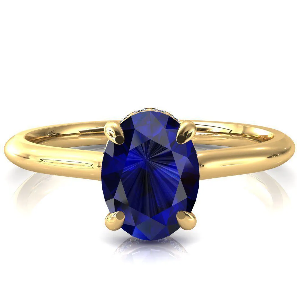 Secret Oval Blue Sapphire 4 Prong Floating Halo Engagement Ring