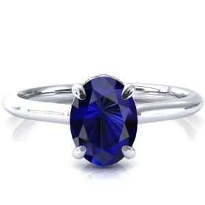 Secret Oval Blue Sapphire 4 Prong Floating Halo Engagement Ring