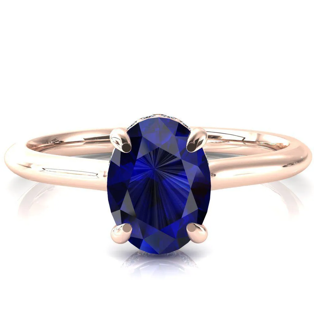 Secret Oval Blue Sapphire 4 Prong Floating Halo Engagement Ring