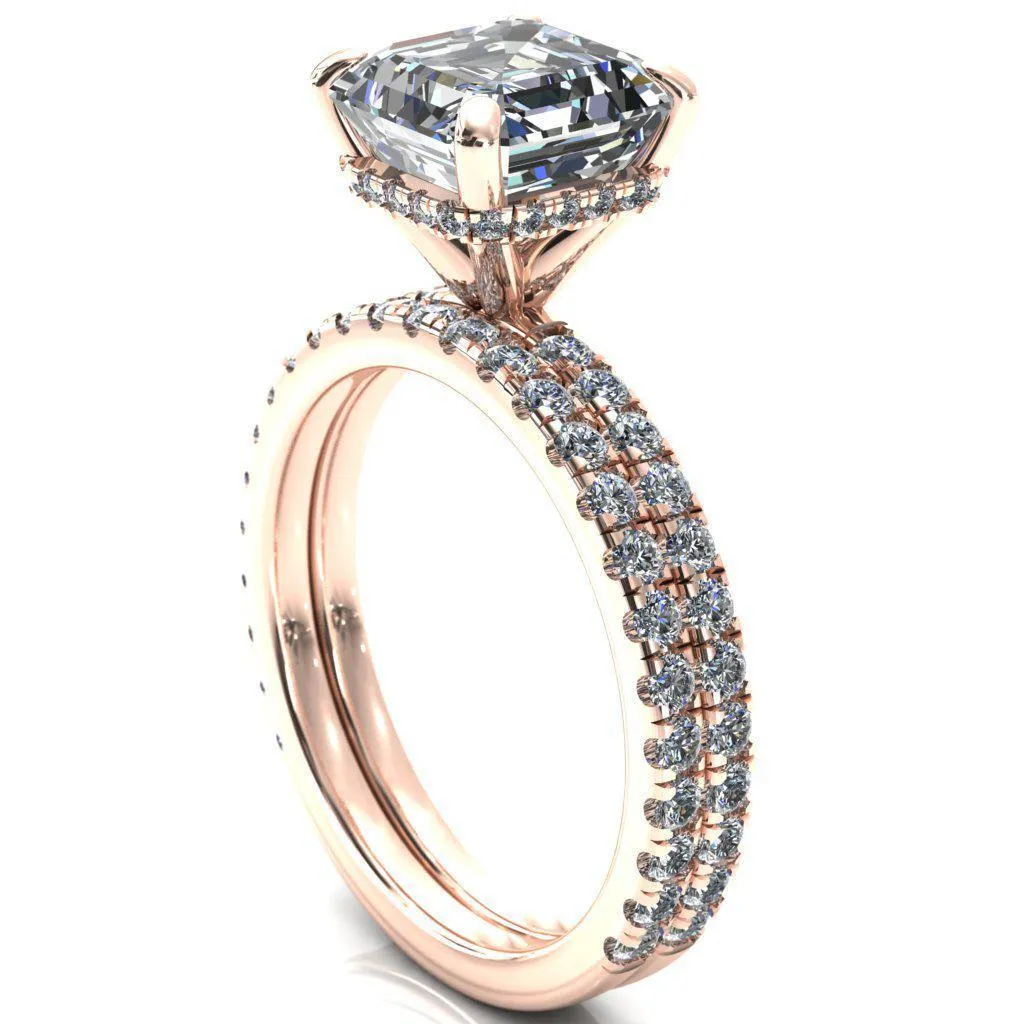 Sicili Asscher Moissanite 4 Prong 3/4 Micro Pave Diamond Engagement Ring