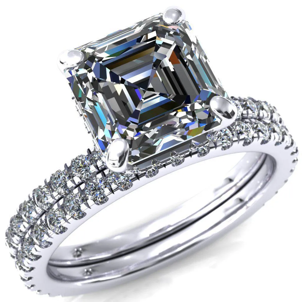 Sicili Asscher Moissanite 4 Prong 3/4 Micro Pave Diamond Engagement Ring