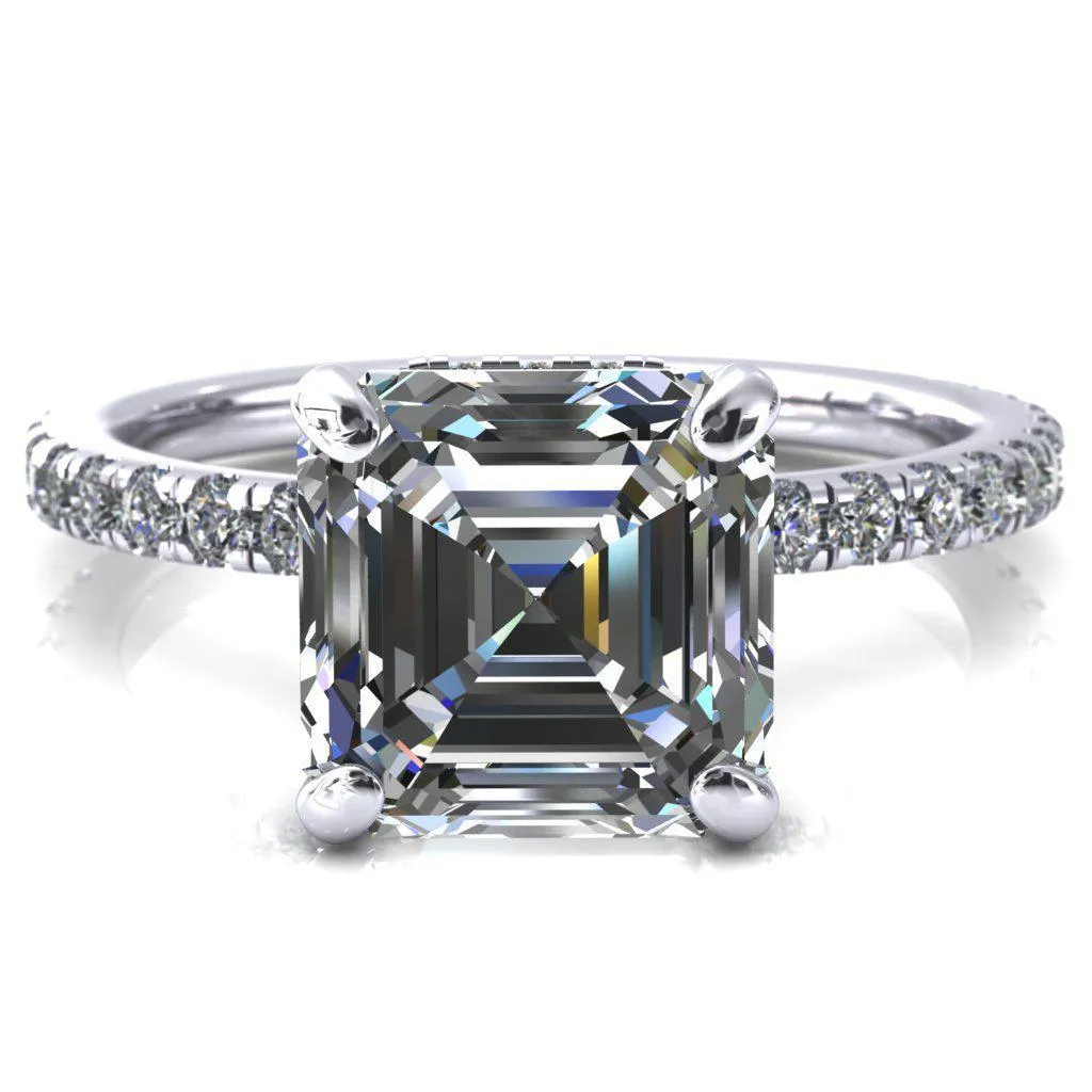 Sicili Asscher Moissanite 4 Prong 3/4 Micro Pave Diamond Engagement Ring