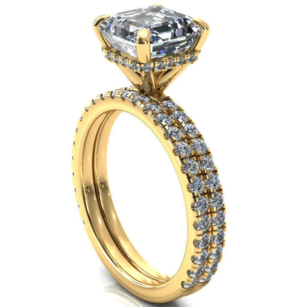 Sicili Asscher Moissanite 4 Prong 3/4 Micro Pave Diamond Engagement Ring