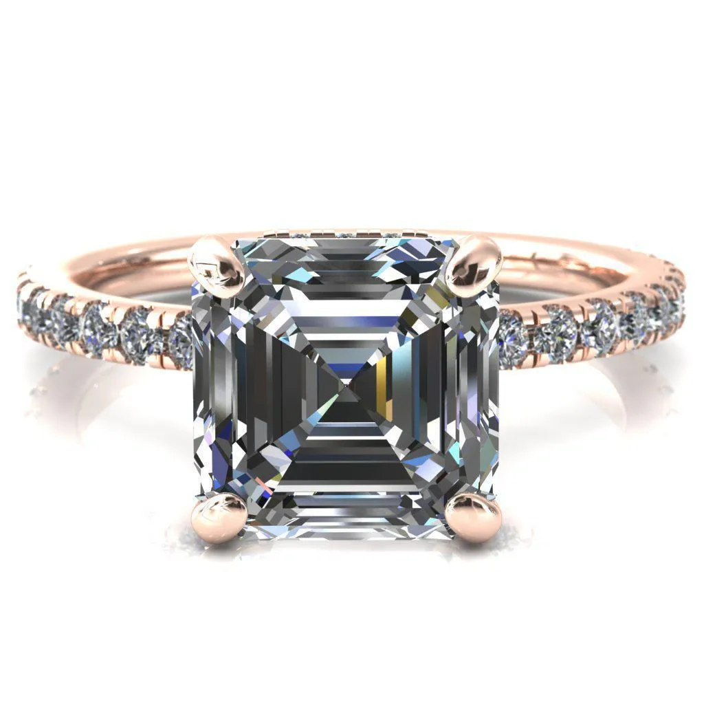 Sicili Asscher Moissanite 4 Prong 3/4 Micro Pave Diamond Engagement Ring