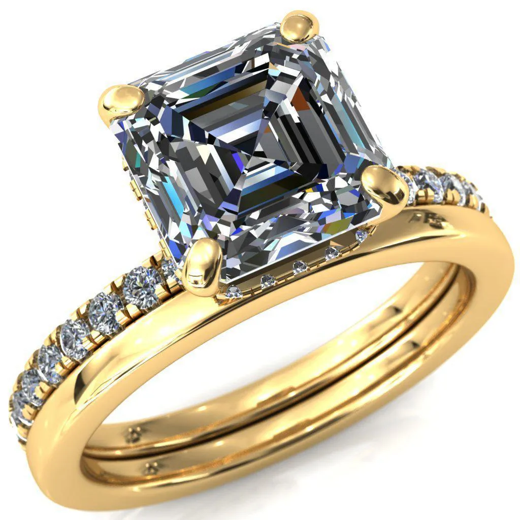 Sicili Asscher Moissanite 4 Prong 3/4 Micro Pave Diamond Engagement Ring
