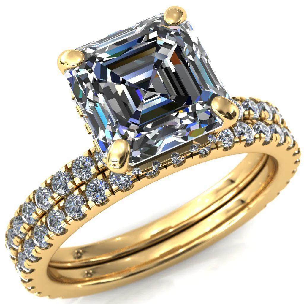 Sicili Asscher Moissanite 4 Prong 3/4 Micro Pave Diamond Engagement Ring