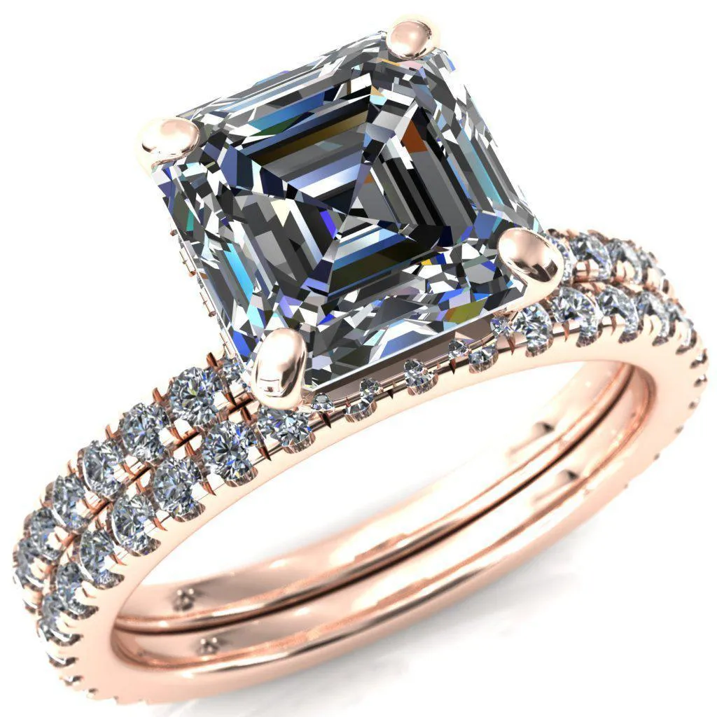 Sicili Asscher Moissanite 4 Prong 3/4 Micro Pave Diamond Engagement Ring