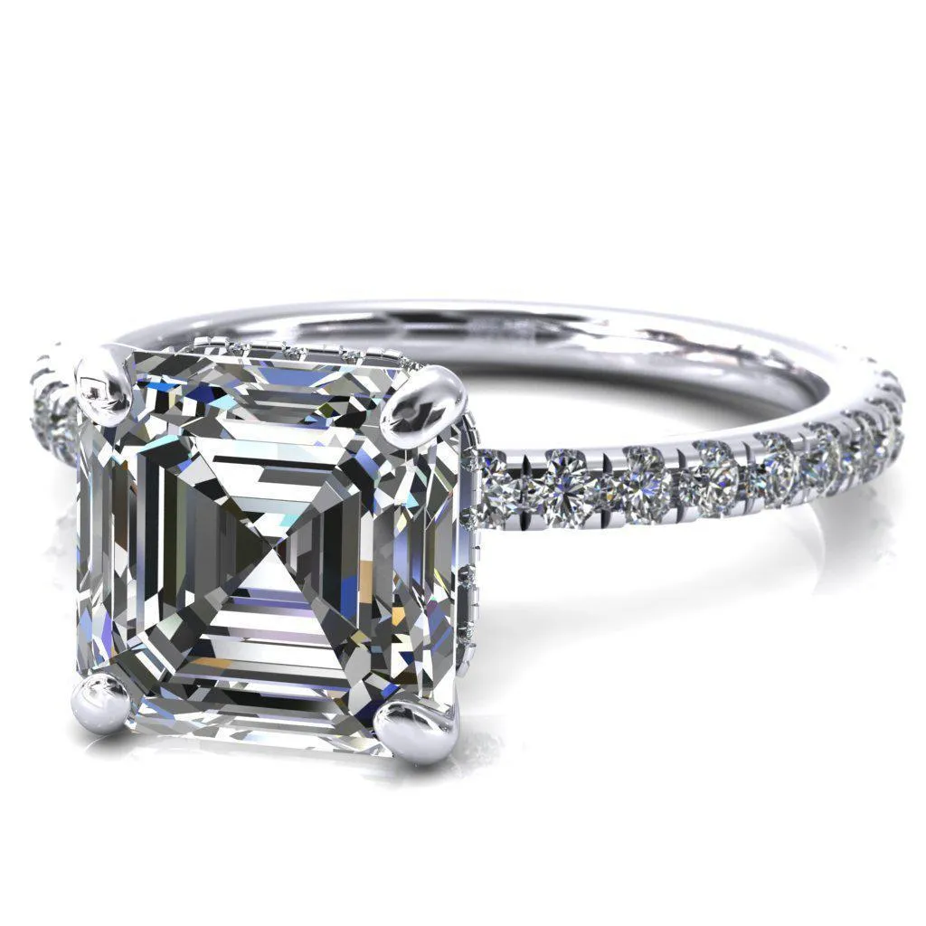 Sicili Asscher Moissanite 4 Prong 3/4 Micro Pave Diamond Engagement Ring