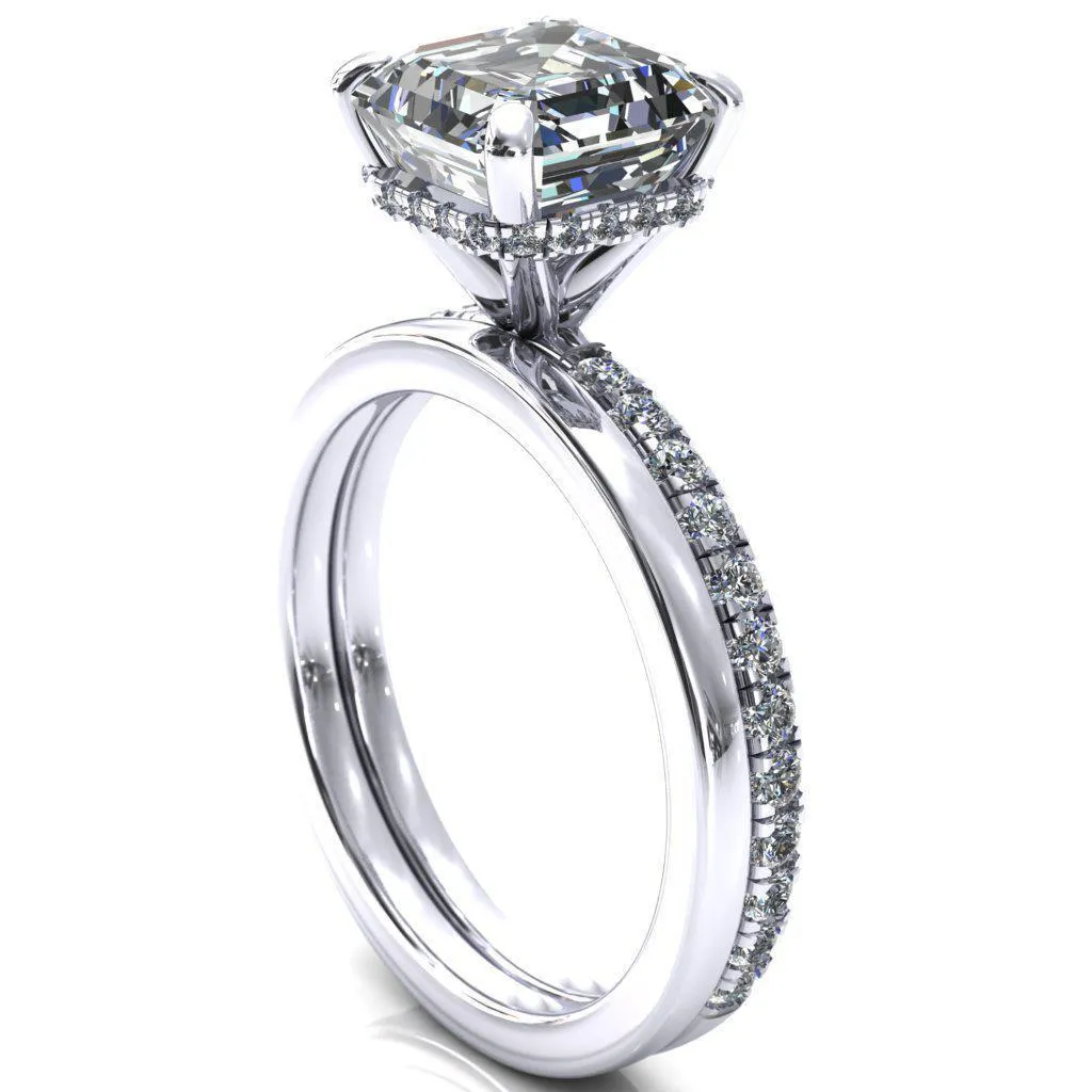 Sicili Asscher Moissanite 4 Prong 3/4 Micro Pave Diamond Engagement Ring