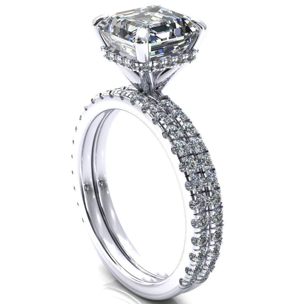 Sicili Asscher Moissanite 4 Prong 3/4 Micro Pave Diamond Engagement Ring