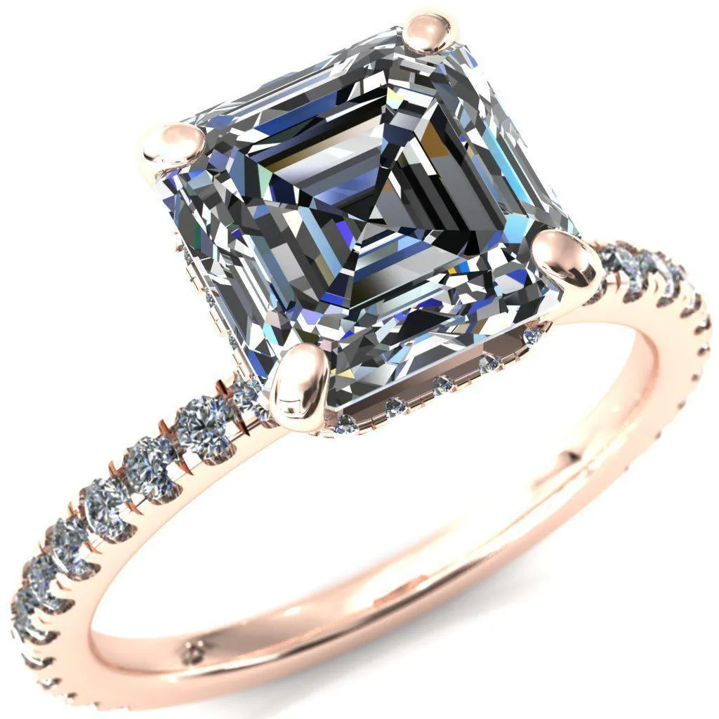 Sicili Asscher Moissanite 4 Prong 3/4 Micro Pave Diamond Engagement Ring