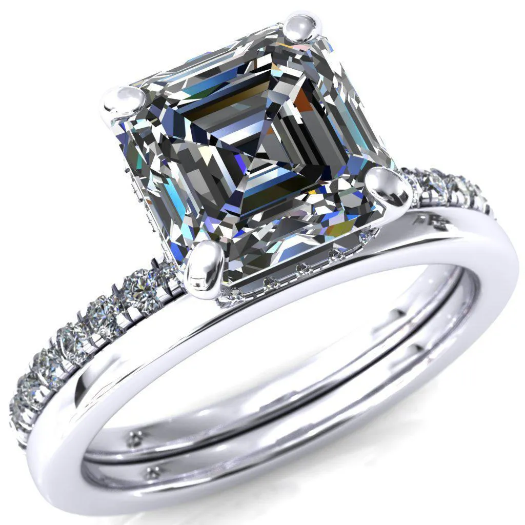 Sicili Asscher Moissanite 4 Prong 3/4 Micro Pave Diamond Engagement Ring
