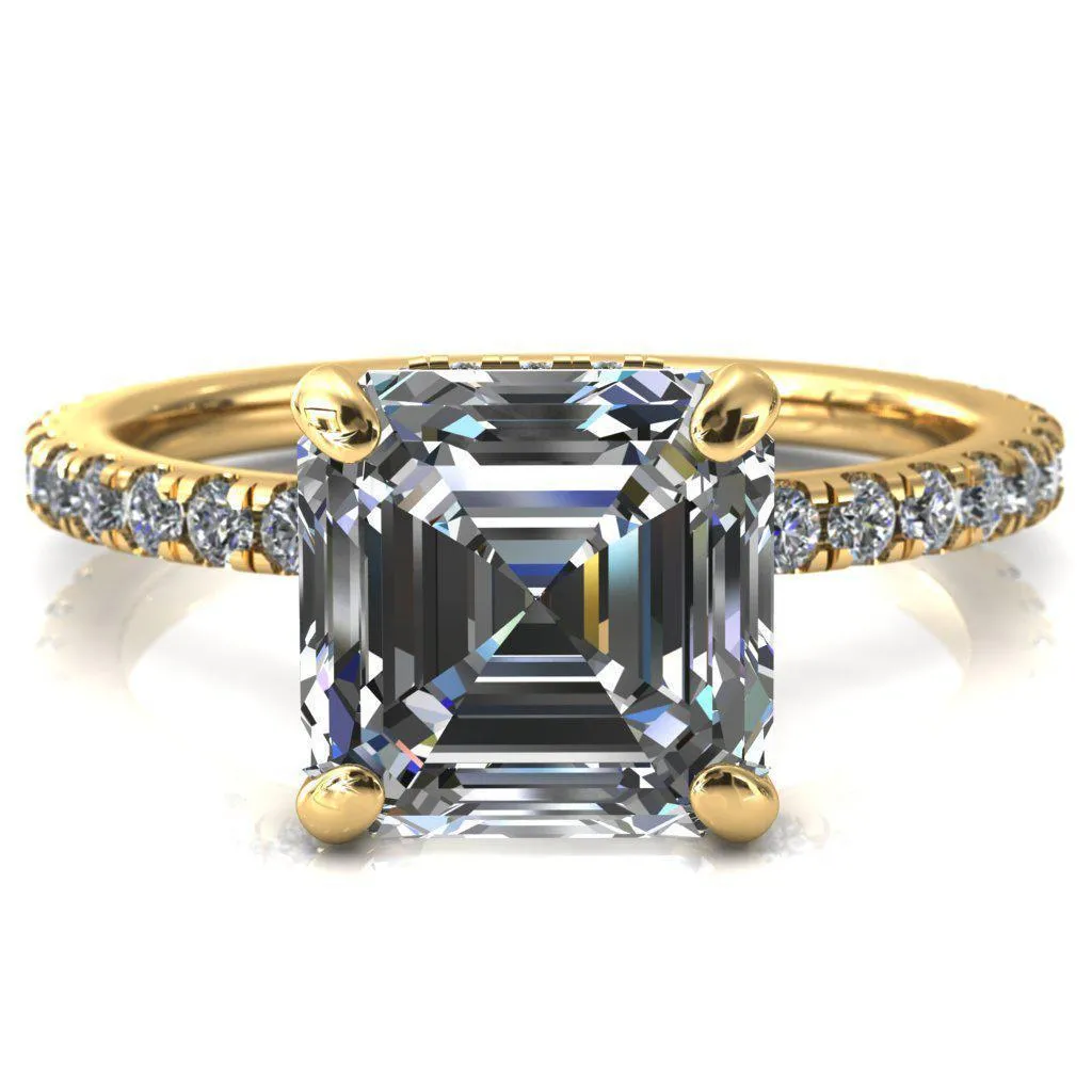Sicili Asscher Moissanite 4 Prong 3/4 Micro Pave Diamond Engagement Ring