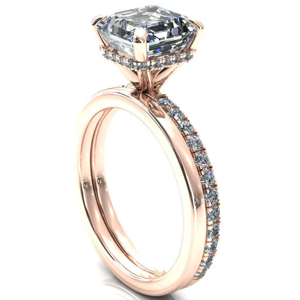 Sicili Asscher Moissanite 4 Prong 3/4 Micro Pave Diamond Engagement Ring