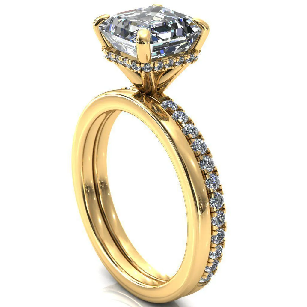 Sicili Asscher Moissanite 4 Prong 3/4 Micro Pave Diamond Engagement Ring