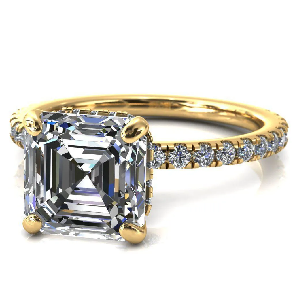 Sicili Asscher Moissanite 4 Prong 3/4 Micro Pave Diamond Engagement Ring