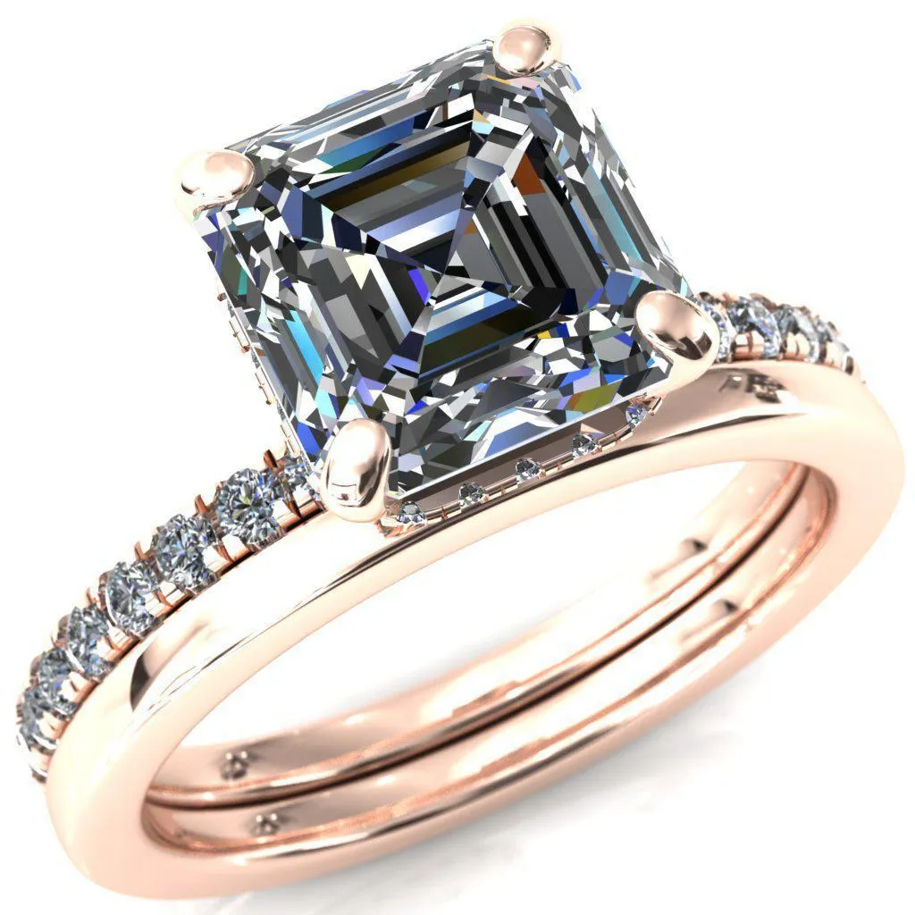 Sicili Asscher Moissanite 4 Prong 3/4 Micro Pave Diamond Engagement Ring