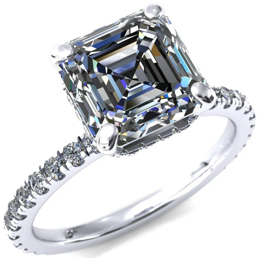 Sicili Asscher Moissanite 4 Prong 3/4 Micro Pave Diamond Engagement Ring