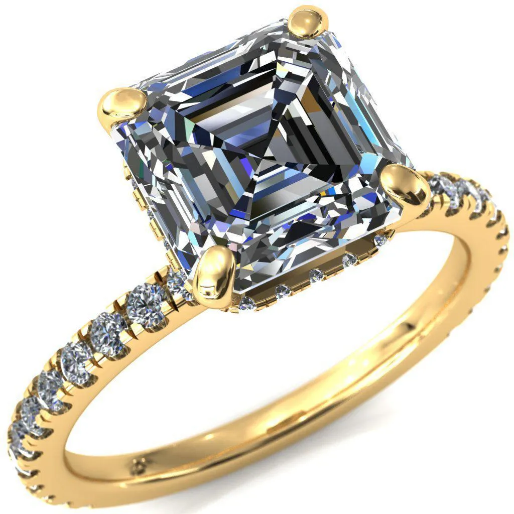 Sicili Asscher Moissanite 4 Prong 3/4 Micro Pave Diamond Engagement Ring