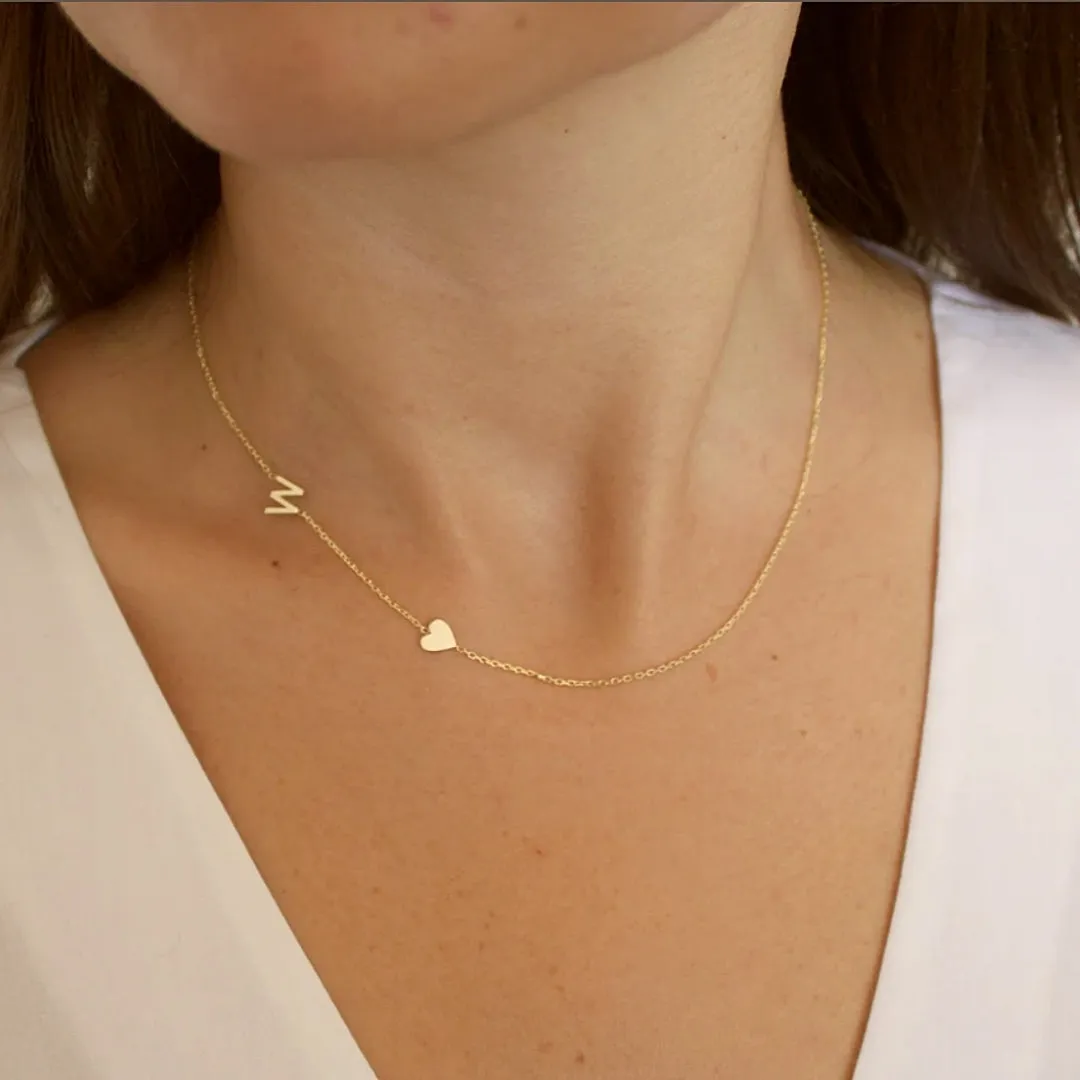 Sideways Initial Letter Solid Heart Necklace