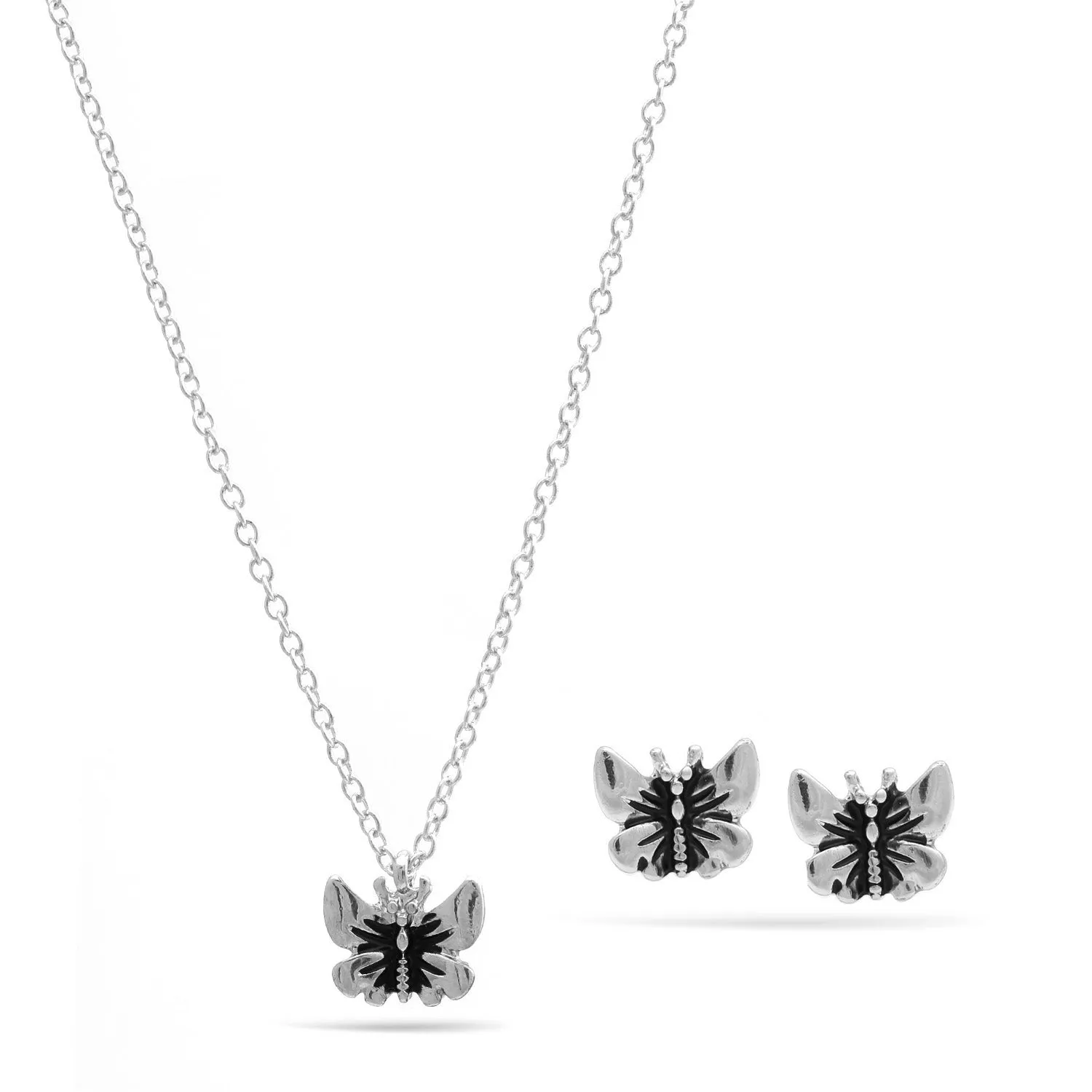 SILVER BUTTERFLY PENDANT NECKLACE AND EARRINGS SET #SWKK-9480A-SIL (FG16)