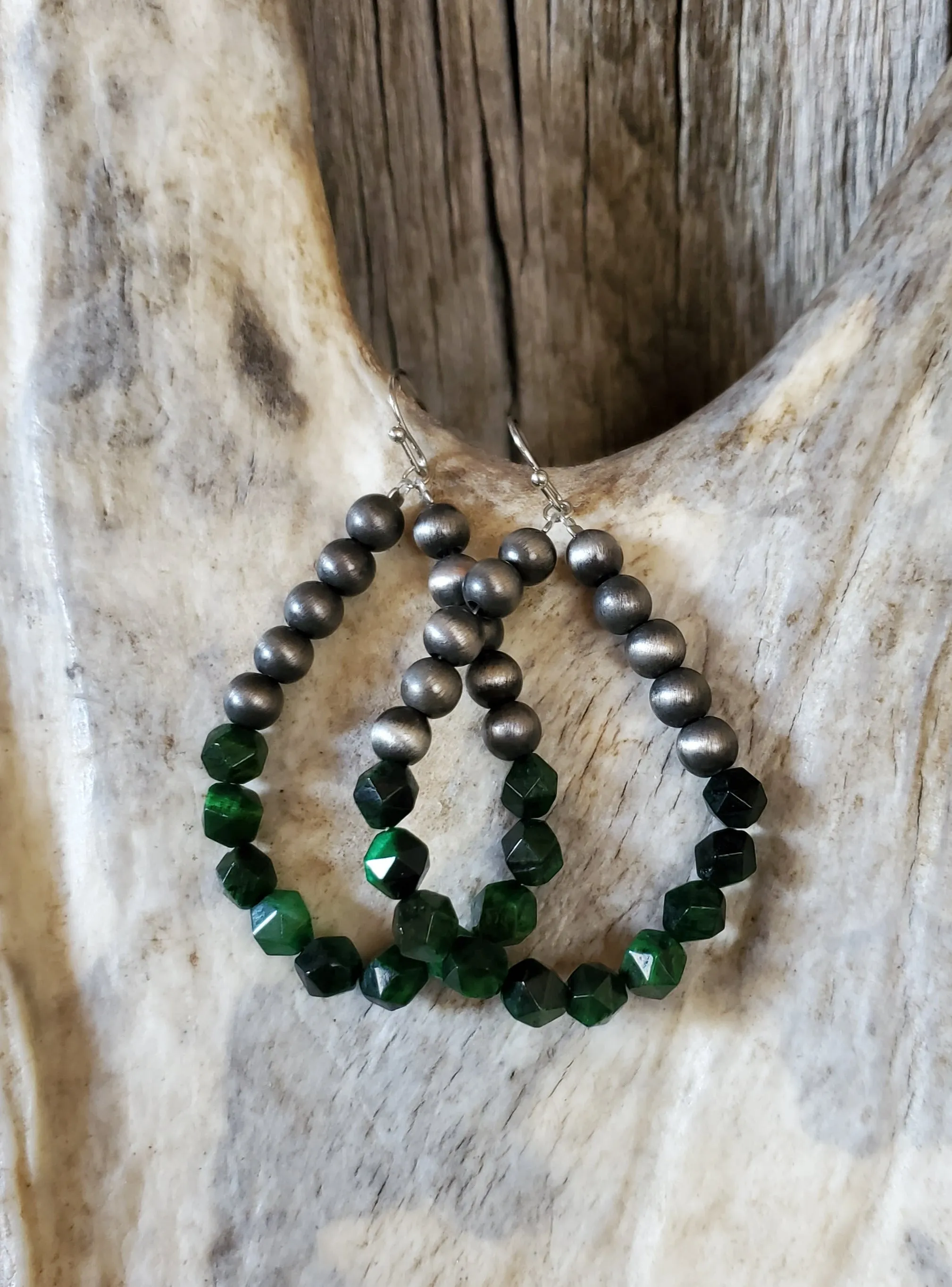 Silver Navajo Pearl and Emerald Green Teardrop Earrings