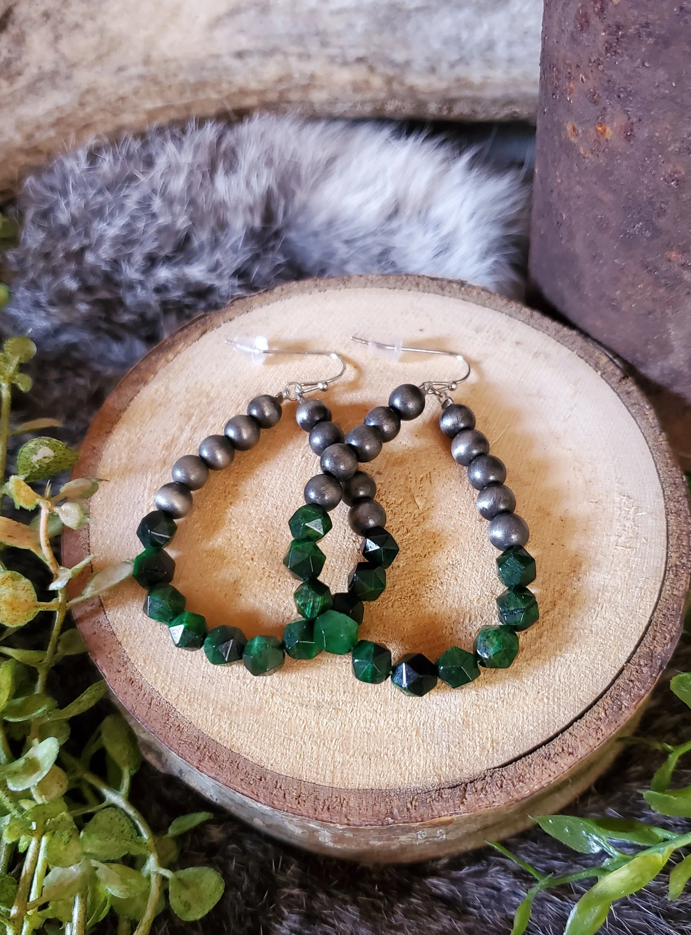 Silver Navajo Pearl and Emerald Green Teardrop Earrings