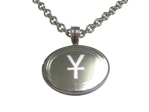Silver Toned Etched Oval Chinese Yuan Currency Sign Pendant Necklace