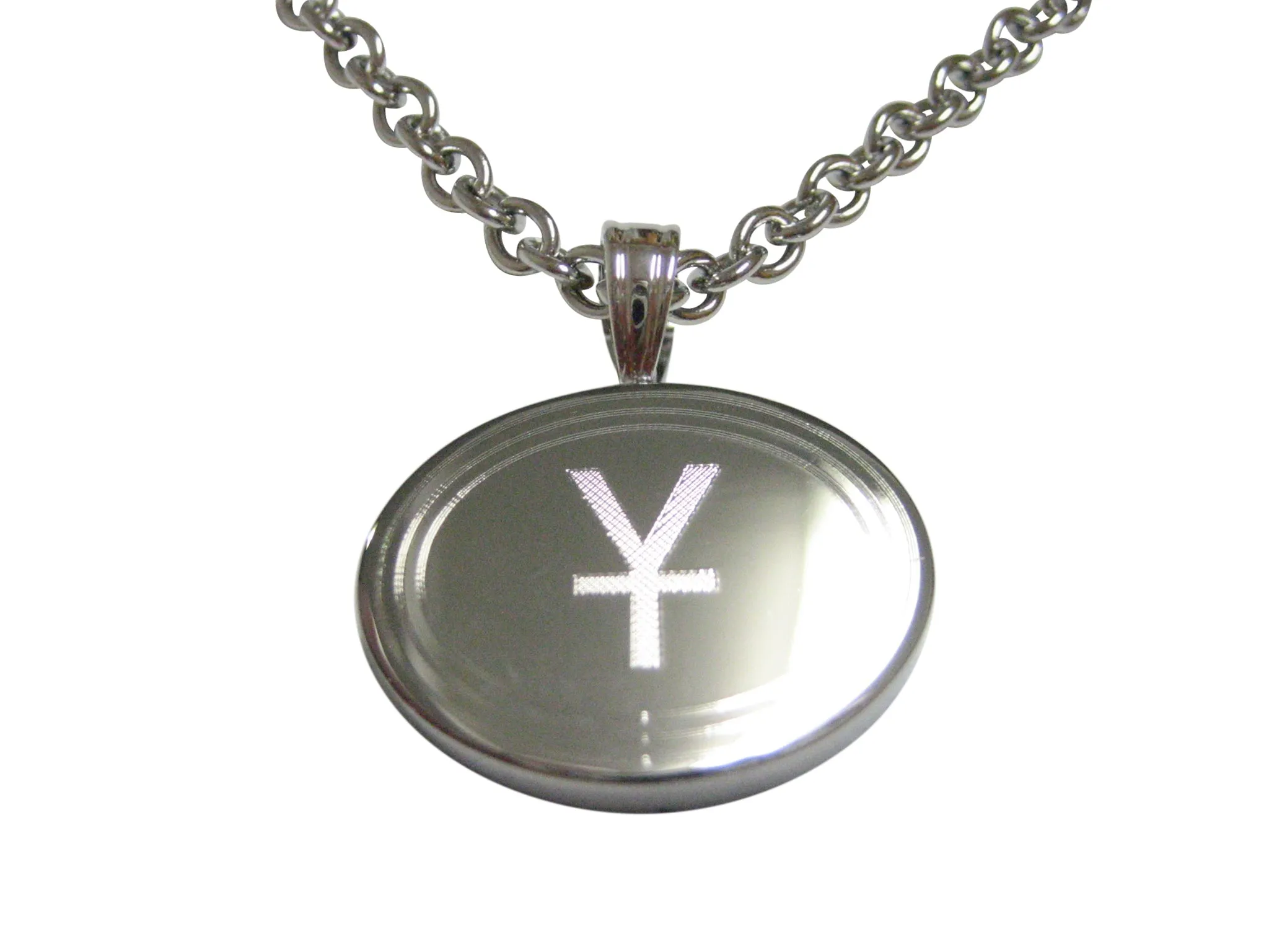 Silver Toned Etched Oval Chinese Yuan Currency Sign Pendant Necklace