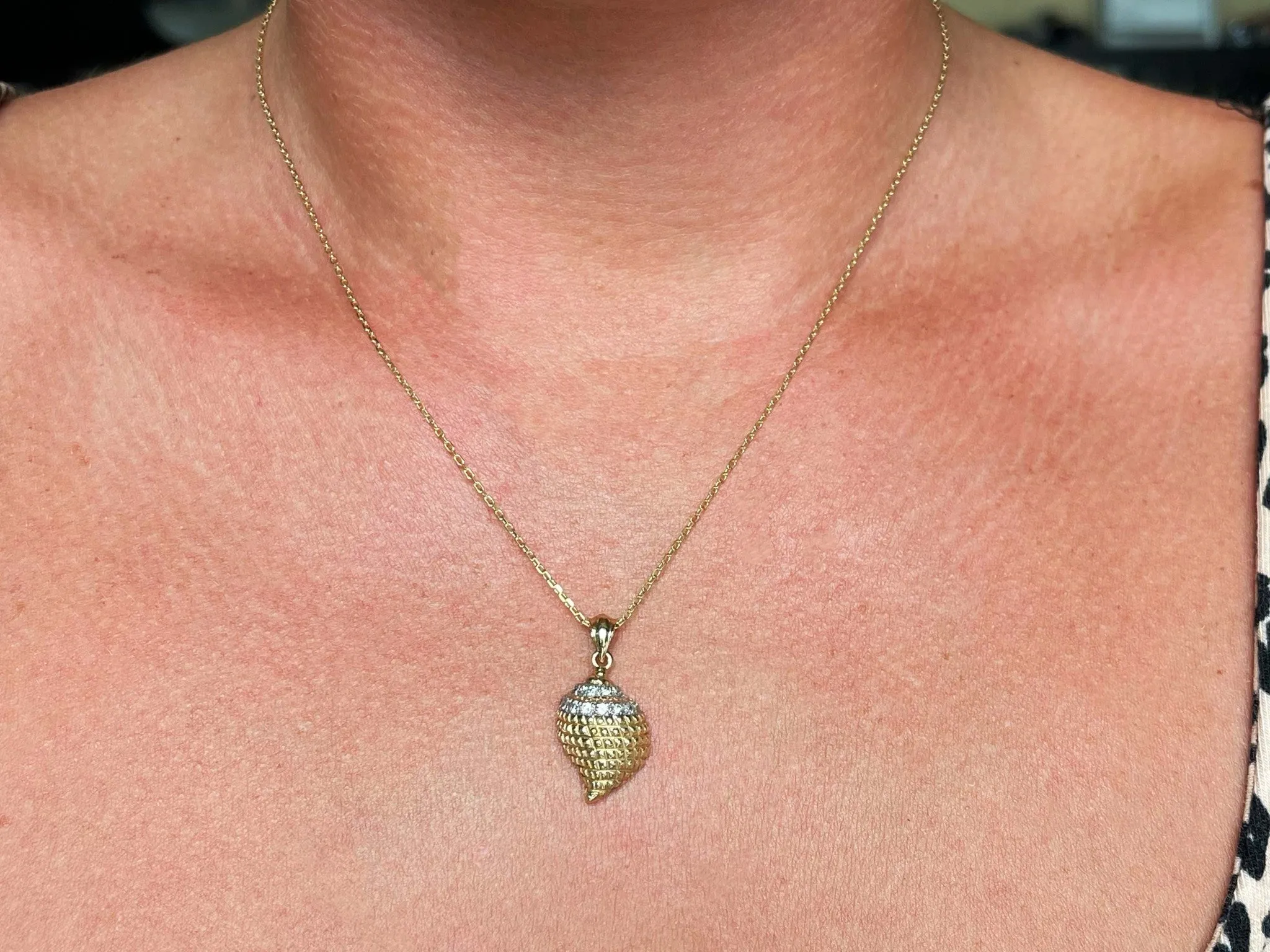 Solid Gold Diamond Seashell Pendant Necklace
