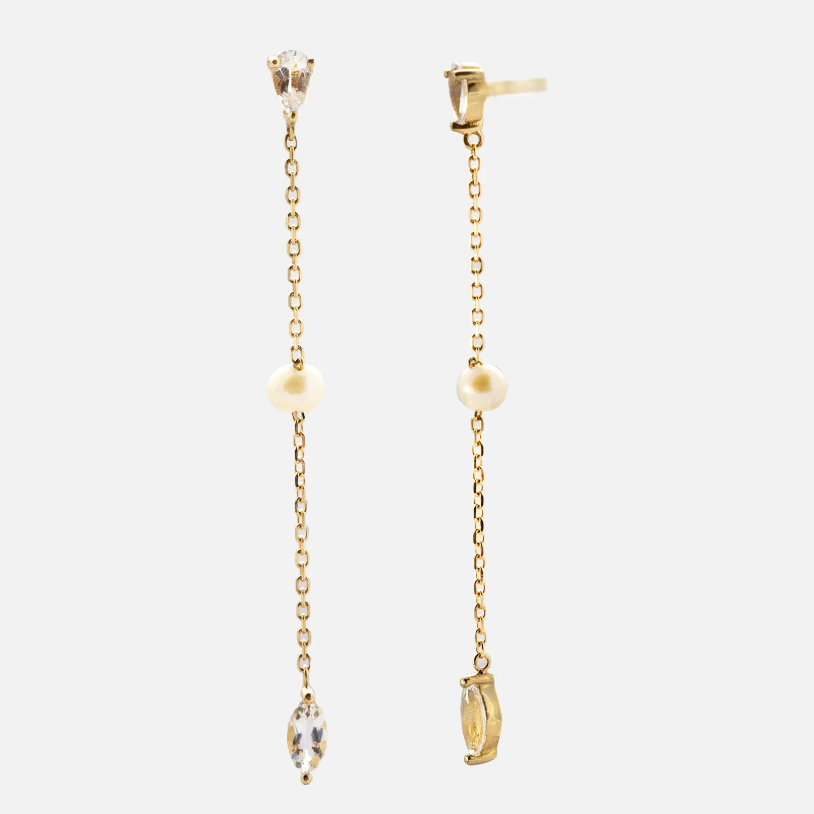 Solid Gold Pearl and White Topaz Drop Earrings