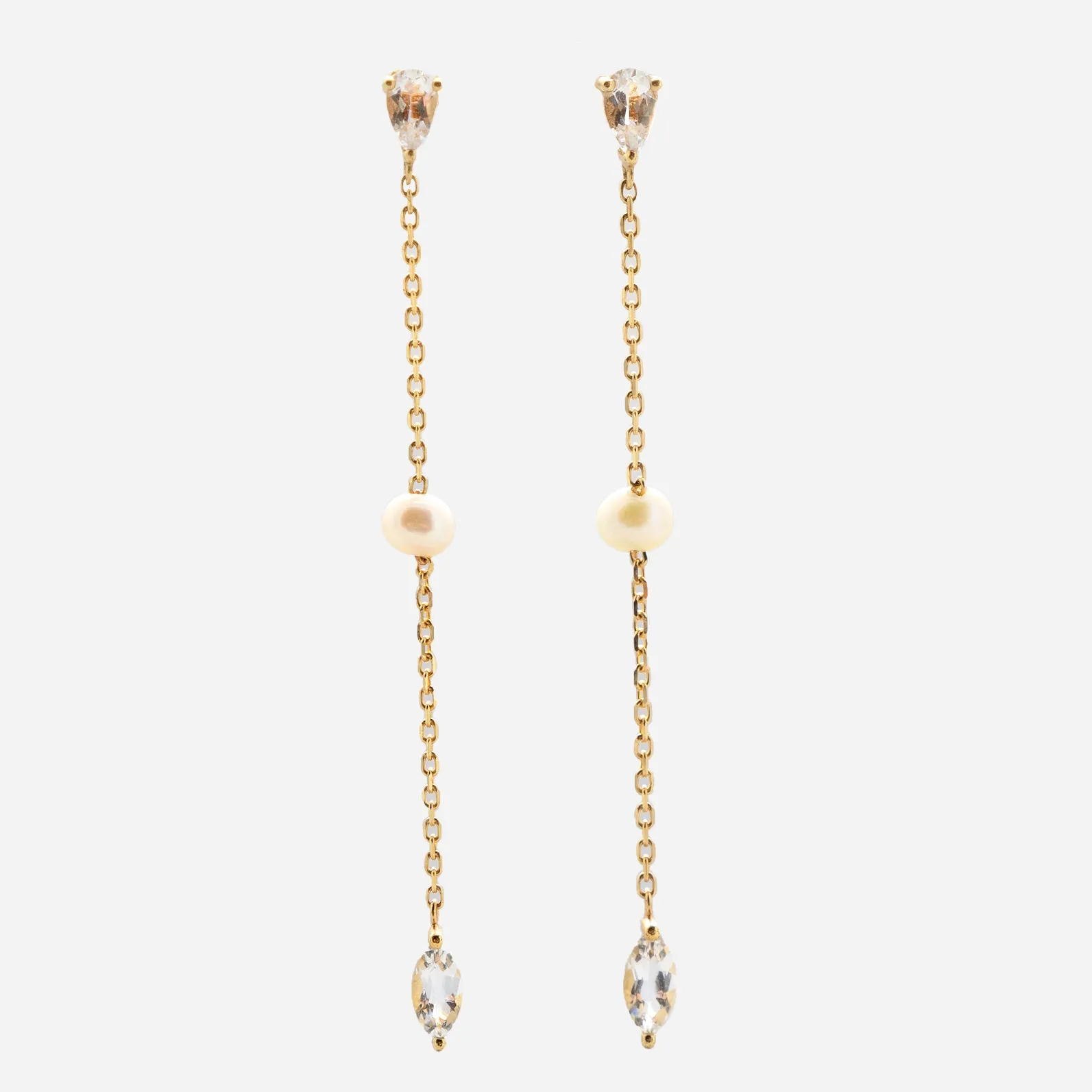 Solid Gold Pearl and White Topaz Drop Earrings