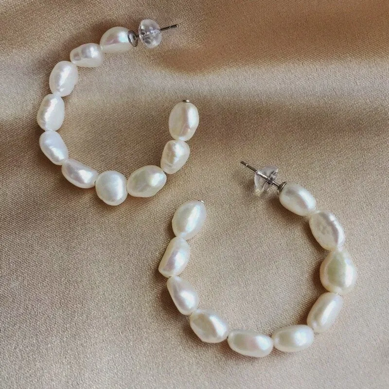 Statement baroque pearl hoop, vintage style, large c earrings, boho bride, bridesmaids, wedding earring, genuine white pearls, 925 silver