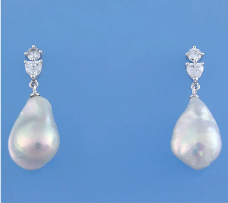 Sterling Silver Earrings with 11-12mm Baroque Shape Freshwater Pearl and Cubic Zirconia