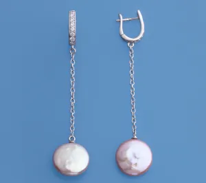 Sterling Silver Earrings with 14-15mm Button Shape Freshwater Pearl and Cubic Zirconia
