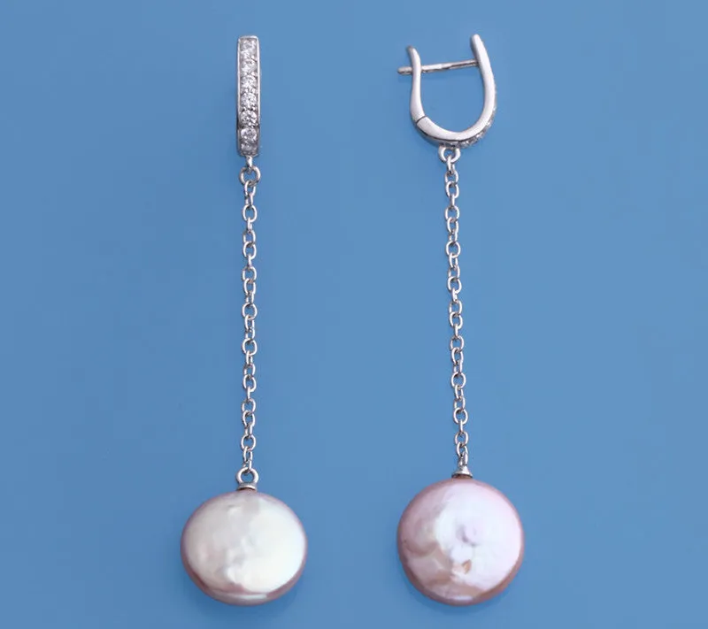 Sterling Silver Earrings with 14-15mm Button Shape Freshwater Pearl and Cubic Zirconia