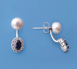 Sterling Silver Earrings with 7-7.5mm Button Shape Freshwater Pearl and Cubic Zirconia