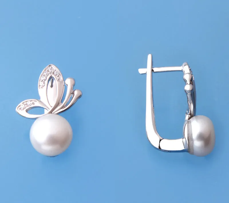 Sterling Silver Earrings with 7.5-8mm Button Shape Freshwater Pearl and Cubic Zirconia