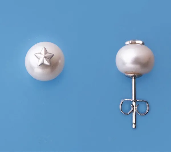 Sterling Silver Earrings with 8.5-9mm Button Shape Freshwater Pearl