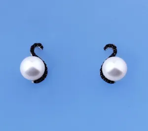 Sterling Silver Earrings with 9-9.5mm Button Shape Freshwater Pearl and Black Spinel