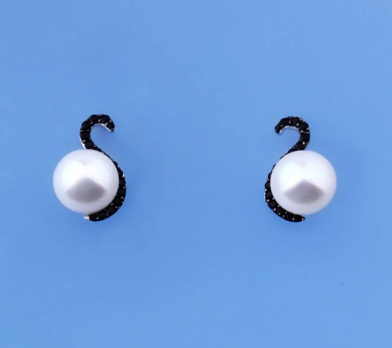 Sterling Silver Earrings with 9-9.5mm Button Shape Freshwater Pearl and Black Spinel
