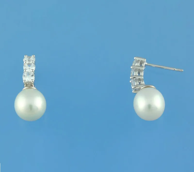 Sterling Silver Earrings with 9-9.5mm Drop Shape Freshwater Pearl and Cubic Zirconia