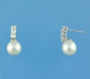 Sterling Silver Earrings with 9-9.5mm Drop Shape Freshwater Pearl and Cubic Zirconia