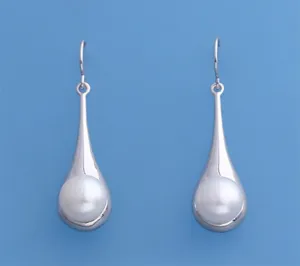 Sterling Silver Earrings with 9.5-10mm Button Shape Freshwater Pearl