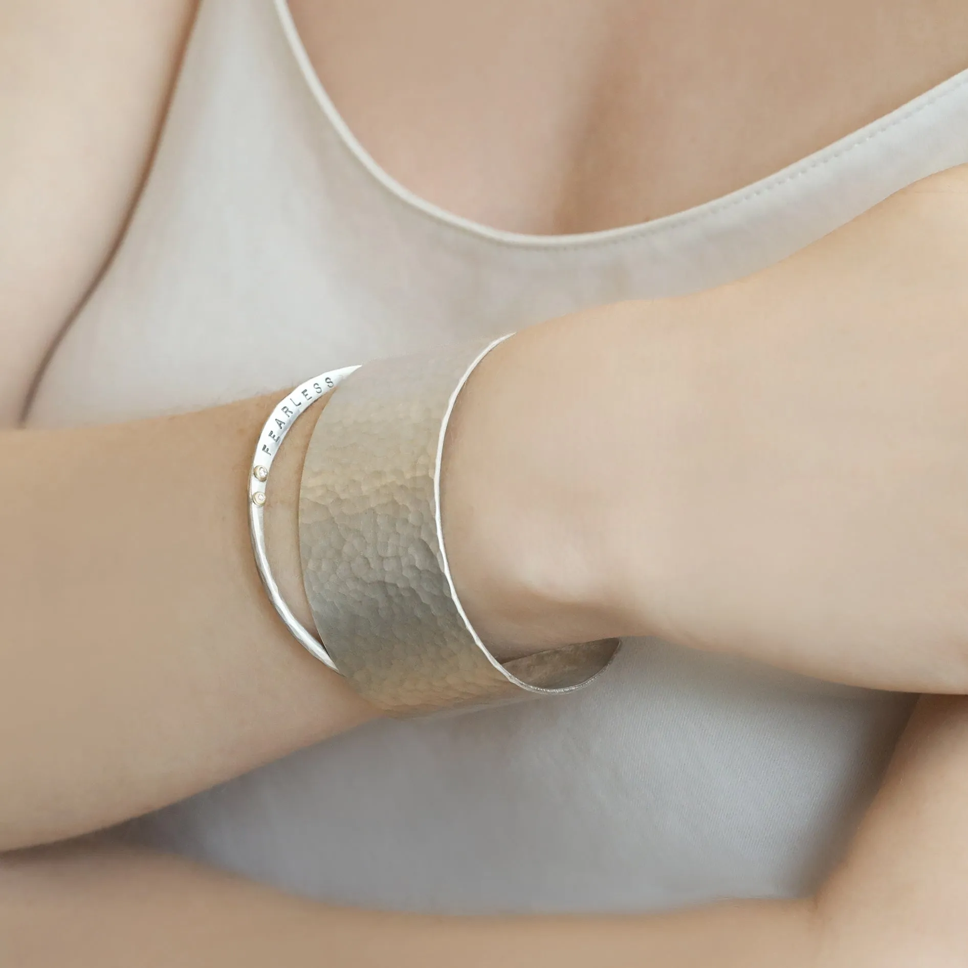 Sterling Silver "Fearless" Cuff with Diamonds